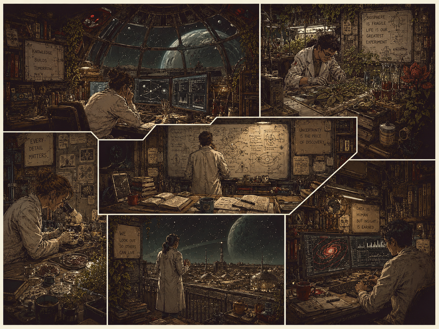 Scientists working in a dense frontier-colony laboratory